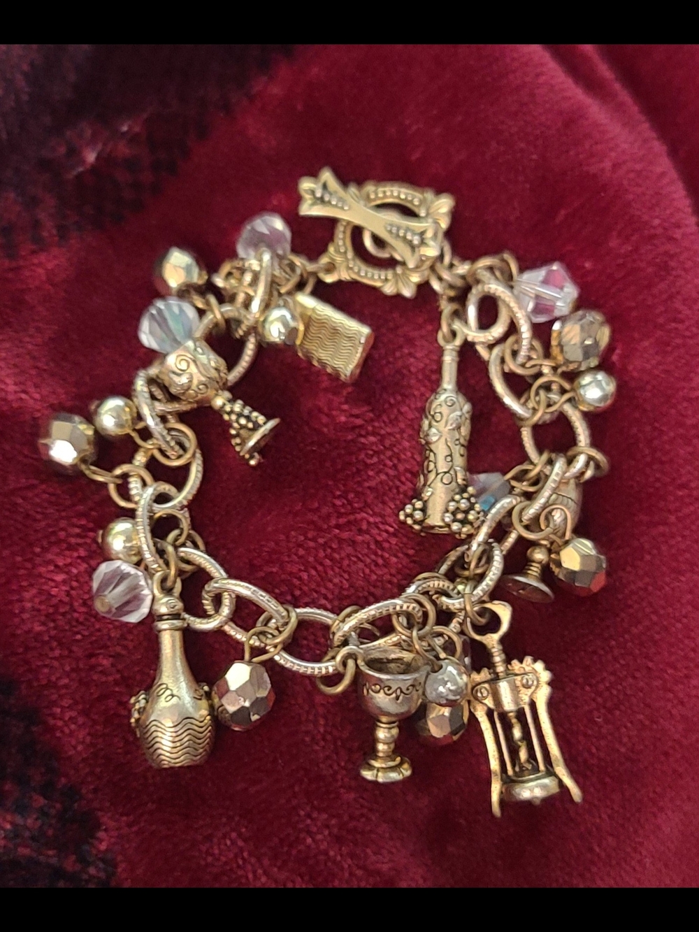Vintage Gold-Tone Wine Charm Bracelet with Crystal Accents - Women Jewelry